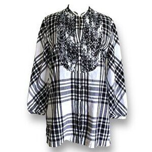 Paperwhite Womens Linen Tunic Blouse Sz 12 Black White Plaid Tuxedo Ruffle Top